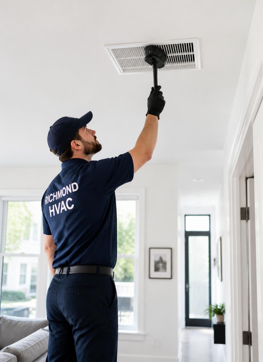 DustAway technician cleaning a ceiling supply register in a bright Richmond, Virginia home